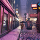 A man holds an umbrella in a rainy voxel street, walking past a bar.